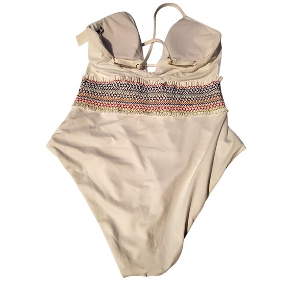 Smocking Solids White Swimwear With Multicolor Waist Detail Halter Style Medium - Picture 2 of 11